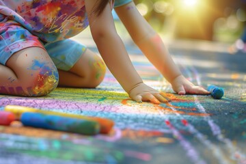 Obraz premium Girl creating art with chalk on the sidewalk