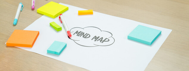 Business marketing strategy and brain storming mind map, colorful sticky notes and equipment placed...