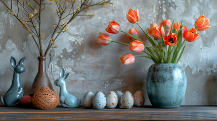 
Interior design of easter dining room with colorful easter eggs, easter bunny sculptures, vase with tulips, wooden trace, beige wall with stucco, gray hen and personal accessories. Home decor