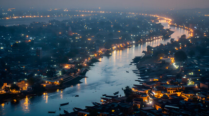 Naklejka na ściany i meble Serenity at Sunset: A Picturesque View of the Historical City of Jhelum, Pakistan