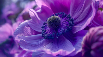 Close-up of a violet anemone flower with a black center of stamens. Сoncept: of florist in flower shop, wallpaper, floral background. Selective focus. Generative AI.