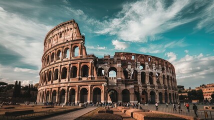 Step into history's embrace. Our image captures the Colosseum's grandeur with bustling tourists and cozy accommodations in Rome's historic center