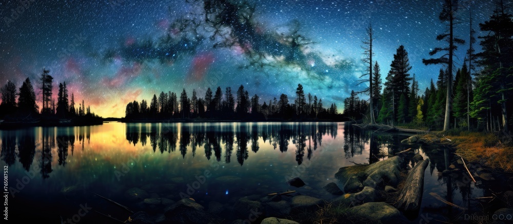 Canvas Prints A tranquil lake reflecting the shimmering stars above under a clear night sky, creating a peaceful and beautiful scene