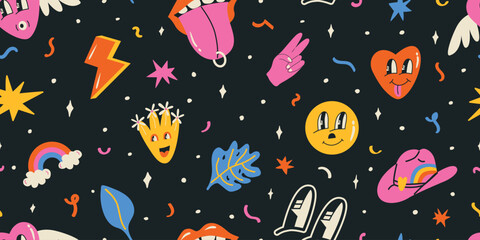 Retro 70s groovy seamless pattern. Cartoon funky print with emoji, flower, lips, eyes. Print for fabric, textiles, cover, background.