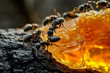 Sticky Ants honey drop nectar. Summer yellow fauna. Generate Ai