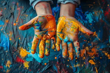 Artistic hands covered in rainbow paint drips