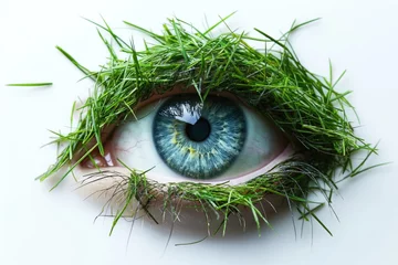 Tuinposter Human eye with vibrant blue iris surrounded by fresh green grass, concept of nature and vision © paffy
