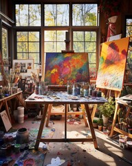 sun-drenched artist's studio, where the chaos of creativity is beautifully organized into a tapestry of colors and textures