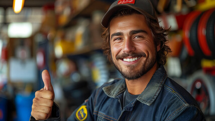 Satisfied mechanic approves repair service with cheerful thumbs-up.generative ai - obrazy, fototapety, plakaty