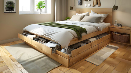Modern bedroom with a bed frame featuring pull-out drawers on either side for discreet storage of clothing and accessories