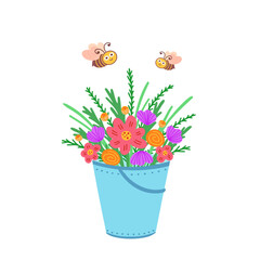 bucket with flowers and bees. Vector Illustration for printing, backgrounds, covers and packaging. Image can be used for greeting cards, posters, stickers and textile. Isolated on white background.