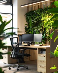 Modern and green office interior with stylish furniture and houseplants