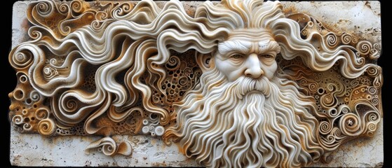  A photo captures a detailed view of a man's bust, featuring his long locks cascading down in loose waves, and a flowing beard framing his face The image is set