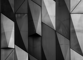 Black and white abstract background with geometric shapes of metal wall panels. Modern architecture concept. Black, gray, dark tones. Abstract design for interior or exterior decoration