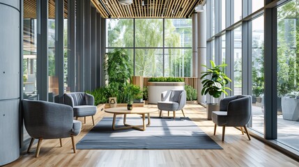 Modern and green office interior with stylish furniture and houseplants