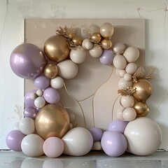 Mauve and gold balloons and arch, in the style of matte background
