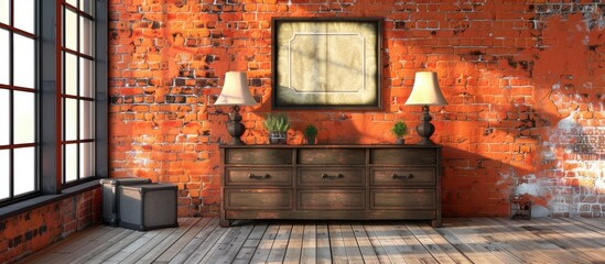 A vintage room featuring a weathered brick wall and a wooden dresser, showcasing a nostalgic ambiance