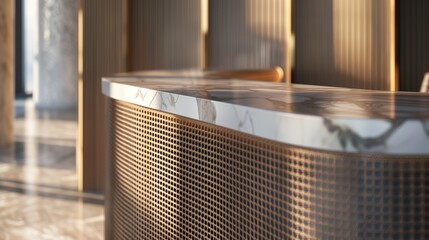 closeup of the front counter, white marble and light brown leather background wall. thin metal mesh, creating an elegant contrast between natural materials and modern design elements