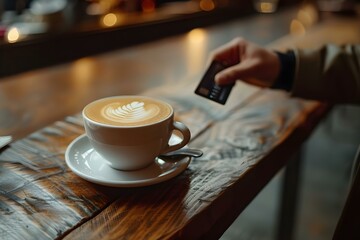 Person using contactless payment at a coffee shop with a credit card. Concept Contactless Payment, Coffee Shop, Credit Card, Technology, Convenience - obrazy, fototapety, plakaty