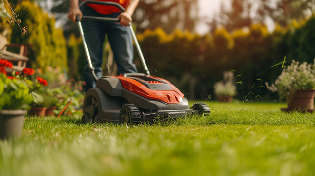A gardener mowing or cutting a grass lawn with mower or lawnmower concept
