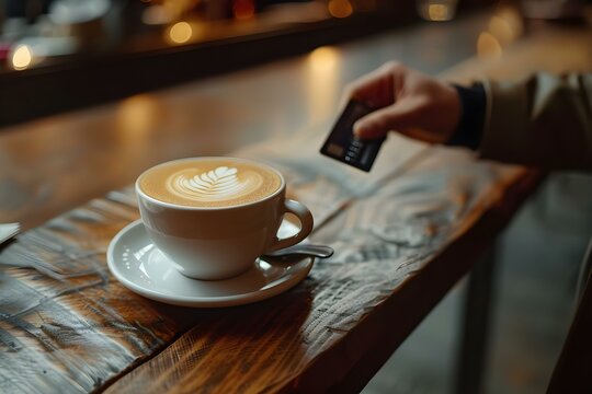 Person using contactless payment at a coffee shop with a credit card. Concept Contactless Payment, Coffee Shop, Credit Card, Technology, Convenience