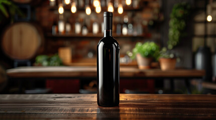mockup, wine bottle on a table in front of the kitchen