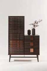 Modern cabinet design with intricate grid pattern on the front, dark wood and copper accents, creating a sleek and stylish atmosphere. metal mesh elements, functional storage space in drawers.