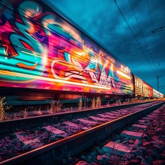 Colorful graffiti art neon speedlight on train dusk lighting exposure