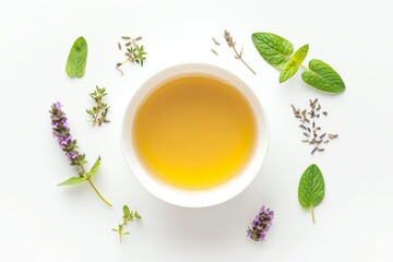 top view flat lay teacup filled with liquid surrounded by a variety of herbs and flowers on a white tableware, creating a picturesque scene of a calming tea time moment - obrazy, fototapety, plakaty