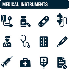 Doctor icons. Medical instruments vector set. Filled icon design. Health and Medicine.