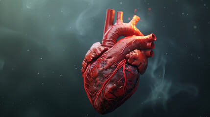 A heart affected by hyperlipidemia with red veins. The heart is surrounded by smoke, giving it a dramatic and intense appearance