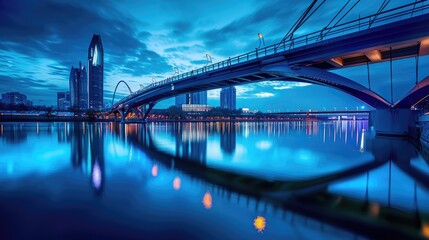 Panoramic twilight view over a sleek modern bridge with city architecture reflections. Resplendent.