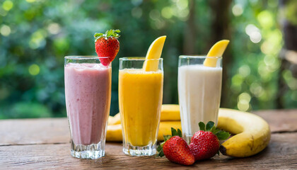 Strawberry, banana, vanilla and mango milkshake on wooden table. Sweet Beverage and Flavor Theme