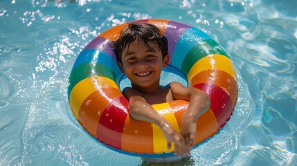 A happy boy floats on a rainbow-colored ring in a swimming pool during a family vacation at a tropical resort. Kids swim and play in the water, enjoying the summer sun.