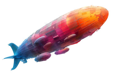 A vibrant 3D cartoon render of a colorful zeppelin soaring in the sky.