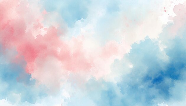 Artistic pink, blue and white watercolor background with abstract cloudy sky concept. Grunge abstract paint splash artwork illustration. Beautiful abstract fog cloudscape wallpaper.