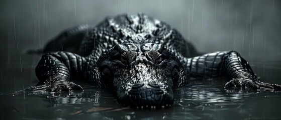  A grayscale image depicts a crocodile partially submerged in water, its snout emerging from the surface - obrazy, fototapety, plakaty