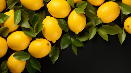 Close-up of vibrant yellow lemons with fresh green leaves on black background. Citrus fruit and healthy eating concept. Design for grocery store promotions, nutritionist's blog.