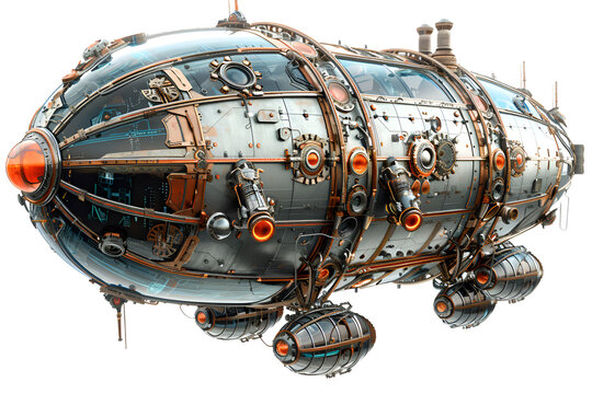 A nostalgic 3D cartoon render of a steampunk-inspired zeppelin adorned with gears and pistons.