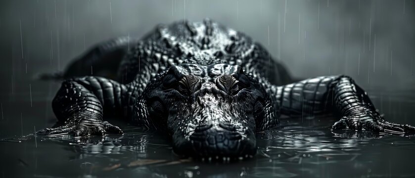  A grayscale image depicts a crocodile partially submerged in water, its snout emerging from the surface