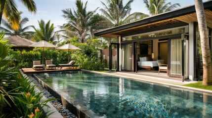 Obraz premium Dive into relaxation. Our pool image showcases crystal-clear waters, inviting sun loungers, and cozy seating areas for guests to chill and soak up the sun