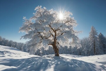 Snow-covered trees after a snowstorm against a bright blue sky, bright sun - Powered by Adobe