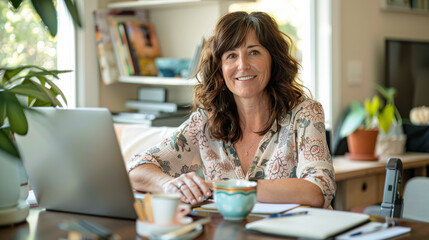 Smiling middle-aged woman works from a home office, exuding comfort and professionalism.