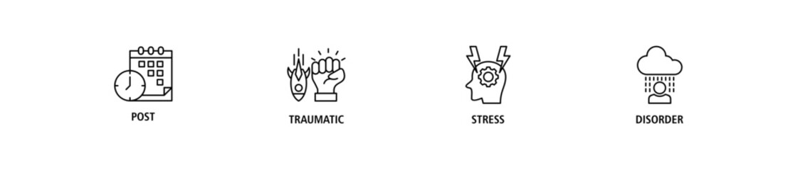 PTSD banner web icon set vector illustration concept of post, traumatic, stress and disorder with icon of calendar, time, rocket attack, war, house on flame, headache and disability