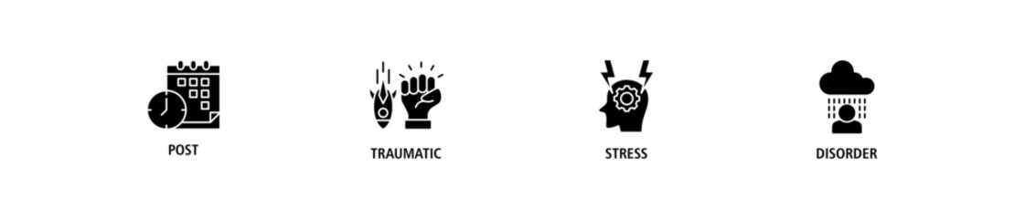 PTSD banner web icon set vector illustration concept of post, traumatic, stress and disorder with icon of calendar, time, rocket attack, war, house on flame, headache and disability
