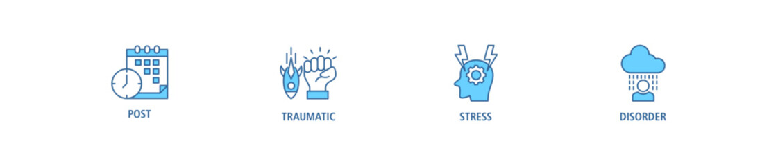 PTSD banner web icon set vector illustration concept of post, traumatic, stress and disorder with icon of calendar, time, rocket attack, war, house on flame, headache and disability