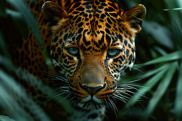 leopard hides and hunts in the bushes in the jungle