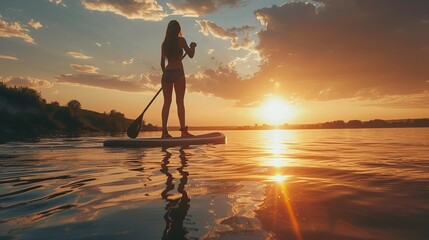 A woman is paddling on her knees on a stand-up paddleboard. - obrazy, fototapety, plakaty
