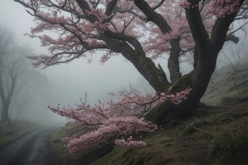Tree with pink flowers on a misty day
