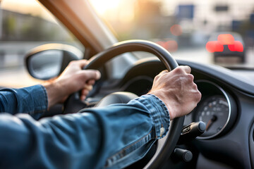Man hands of car driver on steering wheel for road trip on highway road.